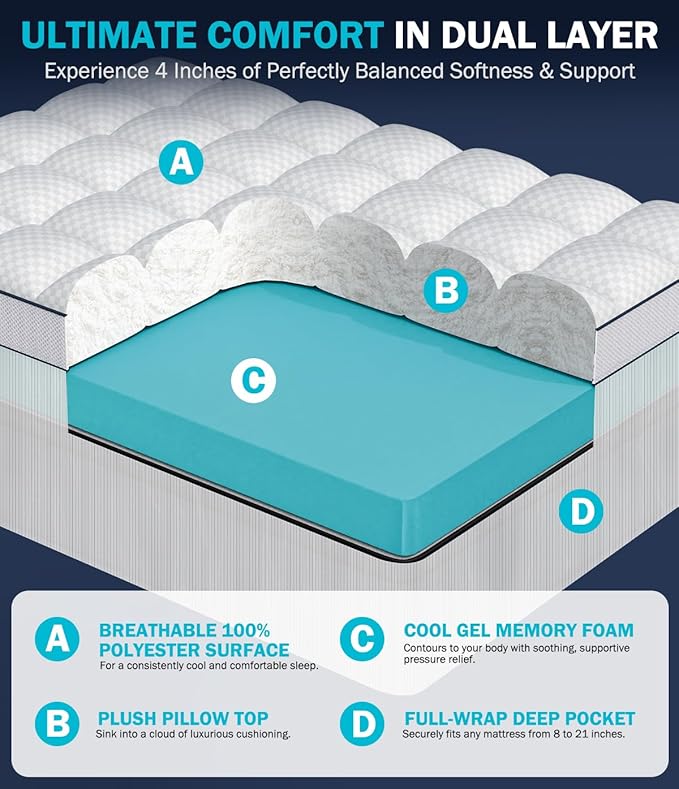 Dual Layer 4 Inch Memory Foam Mattress Topper Queen Size, CertiPUR-US Mattress - Image 2