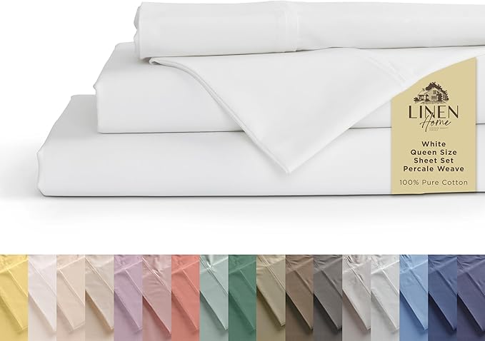 Linen Home 100% Cotton Percale Sheets Queen Size, Deep Pocket, 4 Pieces Set by LINENHOME