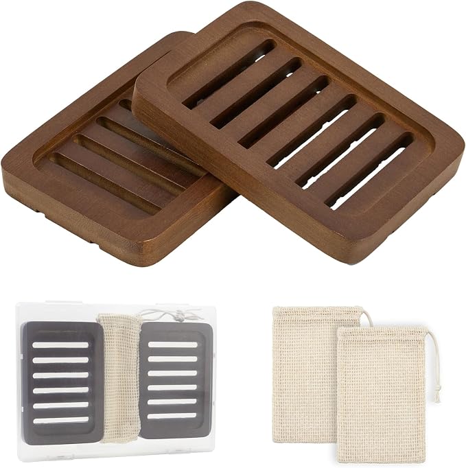 2PCS Self Draining Soap Holders, Rustic Slotted Bamboo Dish Tray, Easy Cleaning by UrbanAbode