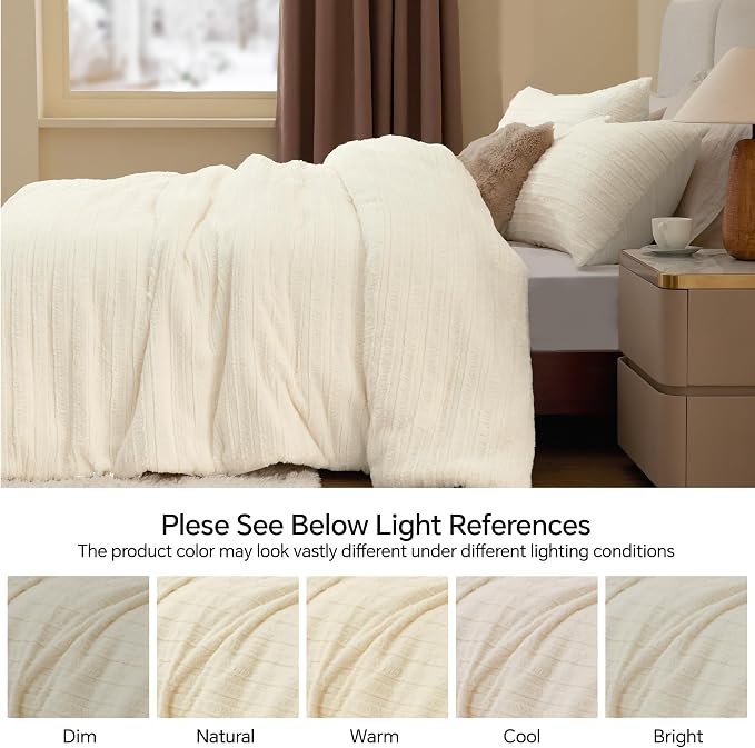 BEDELITE Fleece King Comforter Set -Super Soft & Warm Fluffy Cream White Faux - Image 9