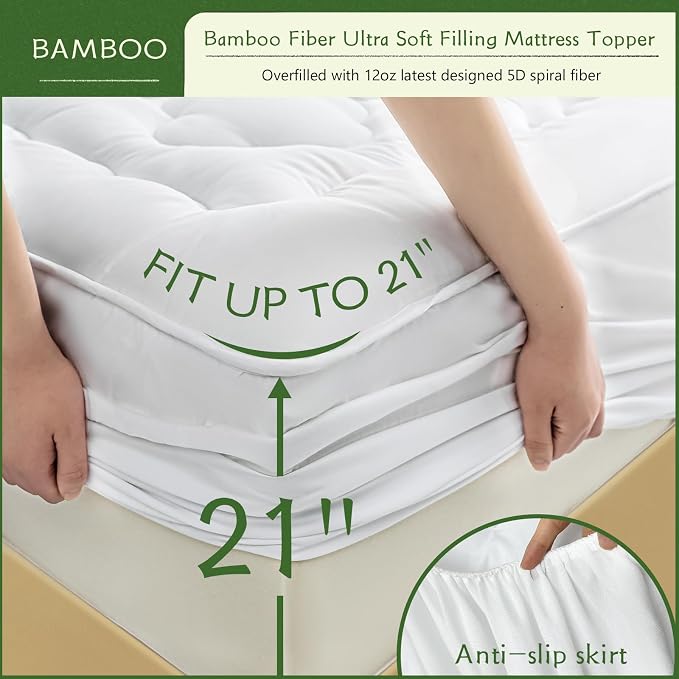 GRT Queen Size Mattress Pad Rayon from Bamboo, Extra Thick Quilted Fitted - Image 4