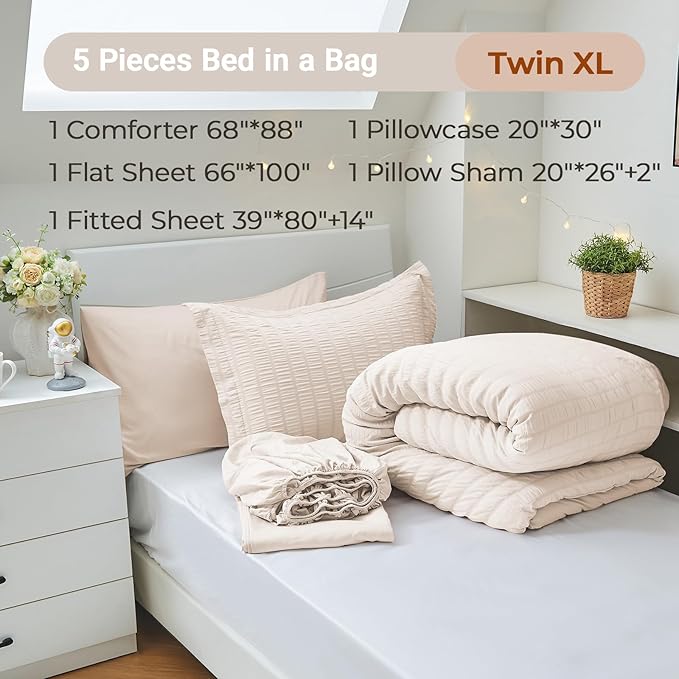 MUXHOMO 5 Pieces Twin XL Comforter Set, Seersucker Bed in a Bag Twin XL Size - Image 4