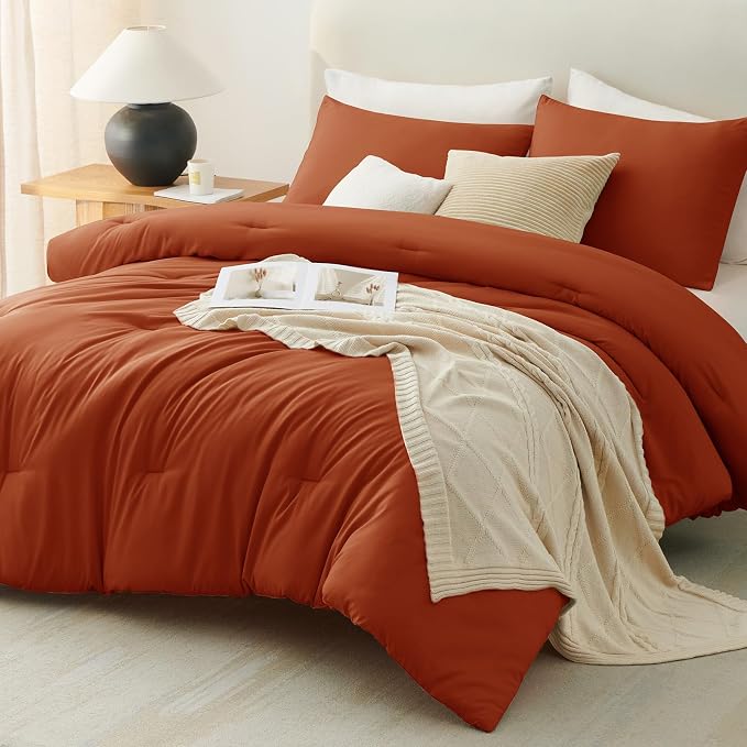 CozyLux Full Size Comforter Set Terracotta, 3 Pieces Burnt Orange Rust Solid - Image 9