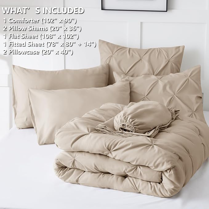 CozyLux King Size Comforter Set Wheat, 7 Pieces Pintuck Bed in A Bag Wheat - Image 6