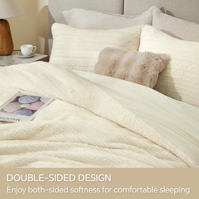 BEDELITE Fleece King Comforter Set -Super Soft & Warm Fluffy Cream White Faux - Image 4
