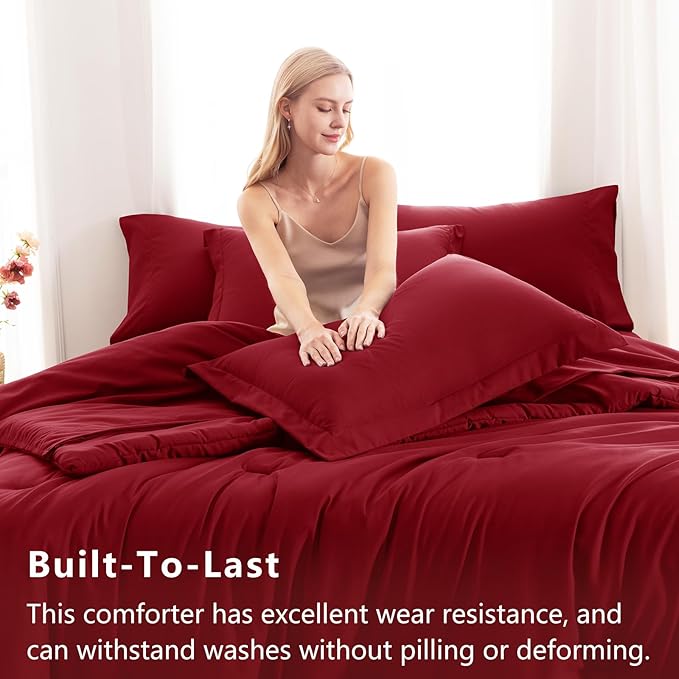 CozyLux King Size Comforter Set Dark Red, 7 Pieces Bed in a Bag King Comforter - Image 3