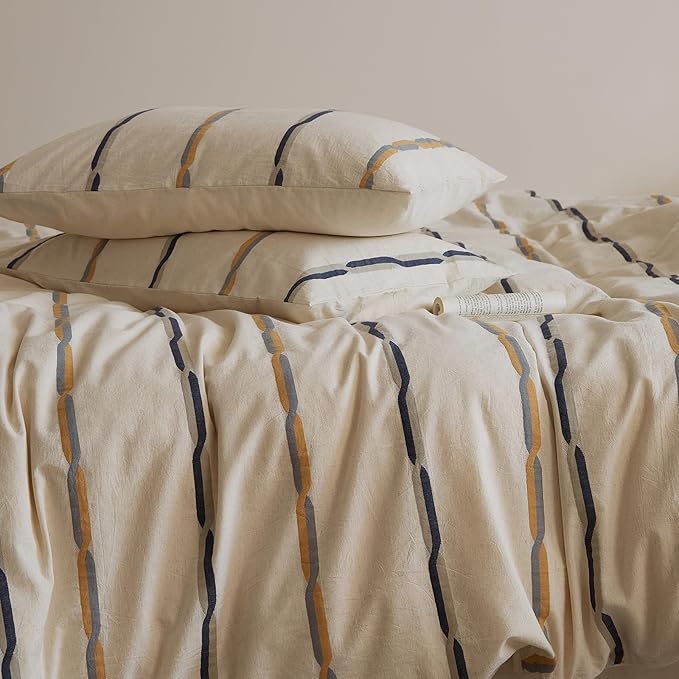 mixinni Cotton Linen Jacquard Duvet Cover Set Queen, 3-Piece Mid-Century Modern - Image 3