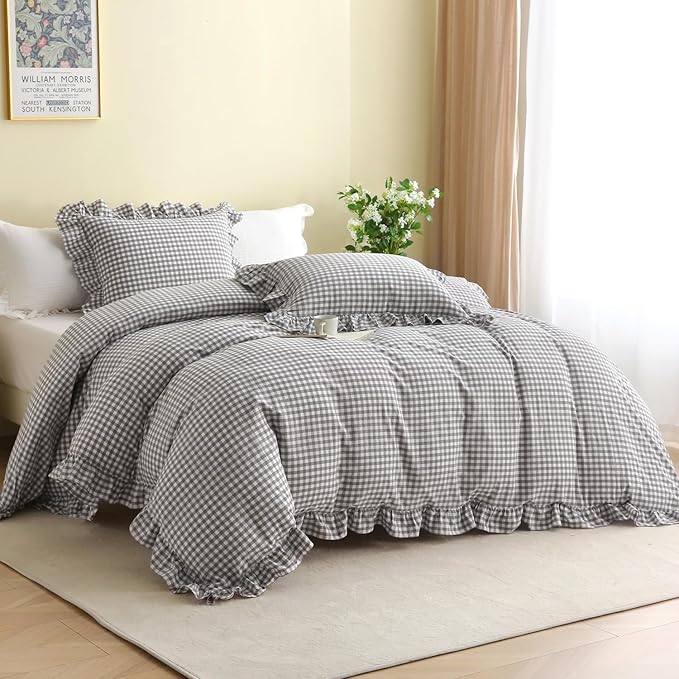 Silnuo Grey/White Checkered Ruffle 3-Piece Duvet Cover Set King Size, Washed by Silnuo