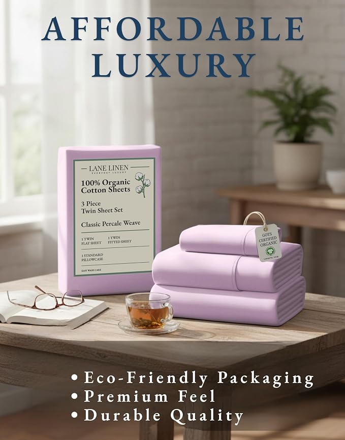LANE LINEN 100% Organic Cotton Sheets Set Twin Size, Classic Percale Weave - Image 8