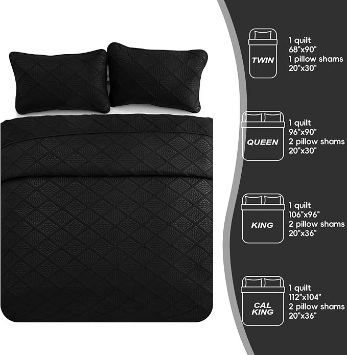 Yiran Quilt Queen Size Bedding Set Black Bedspreads Embossed Diamond Pattern - Image 8