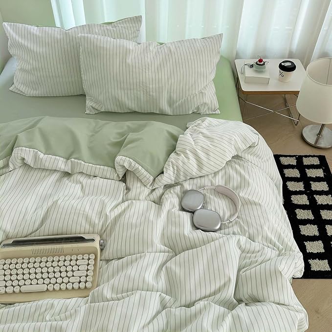 Nayoroom Green Striped Duvet Cover Queen Size 100% Washed Cotton Duvet Cover by Nayoroom