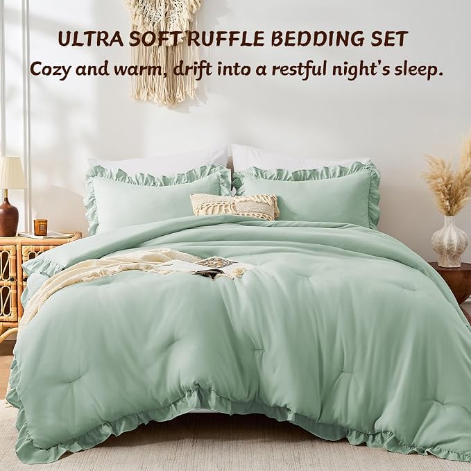 FUANNA Queen Comforter Set Sage Green, 3 Pieces Ruffle Queen Bed Set, Fluffy - Image 4