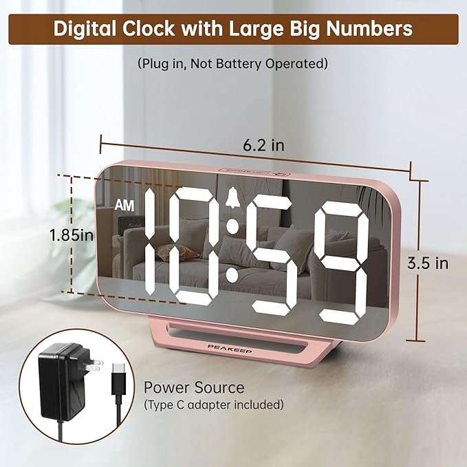 Peakeep Slim Digital Mirror Aesthetic Alarm Clock - Image 2