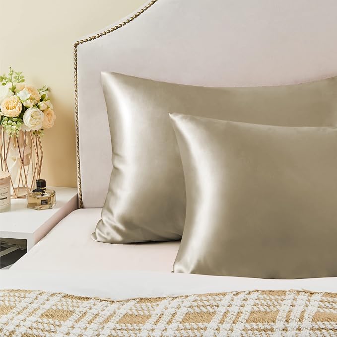 BEDELITE Satin Pillowcase with Zipper, Taupe Pillow Cases Queen Size Set of 2 - Image 6