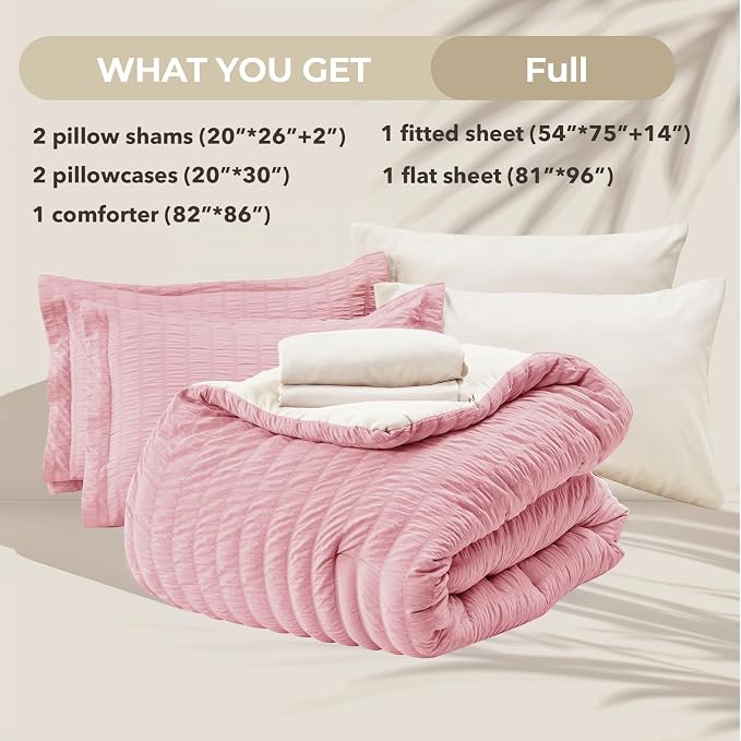 HYMOKEGE Pink/Ivory Full Size Comforter Sets Seersucker 7 Pieces, All Season - Image 6