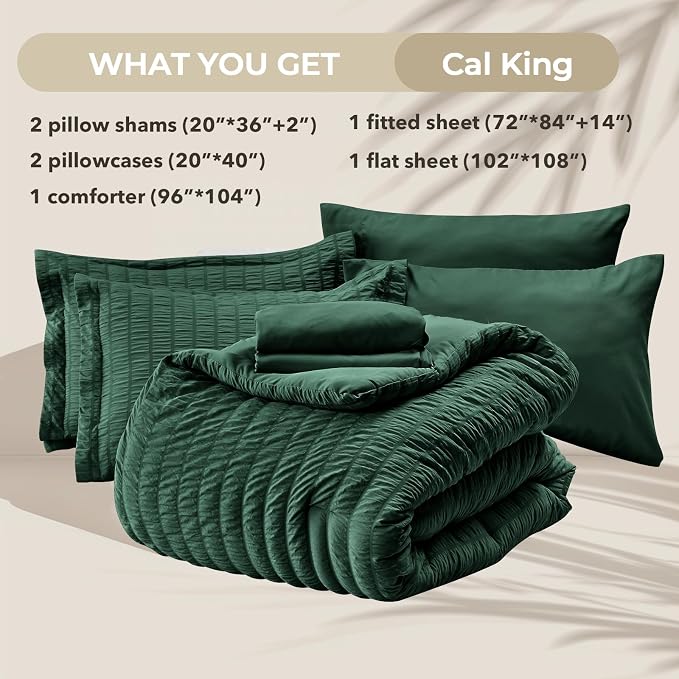 HYMOKEGE Emerald Green California King Comforter Set Seersucker 7 Pieces - Image 6