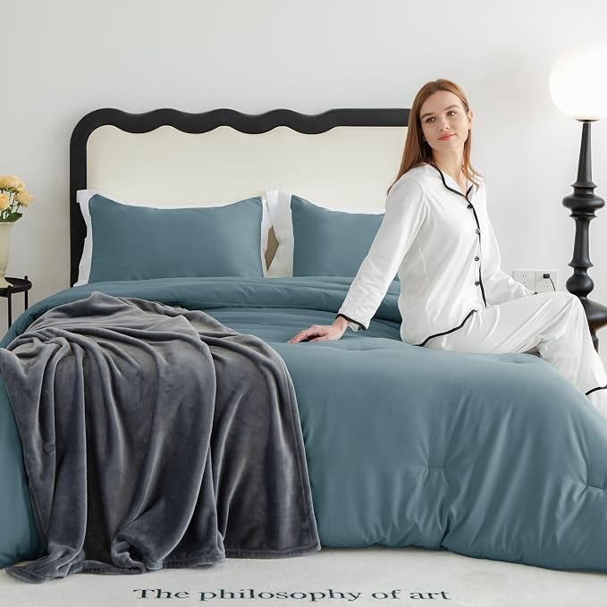 CozyLux Queen Comforter Set Mineral Blue, 3 Pieces Solid Comforters Queen Size - Image 9