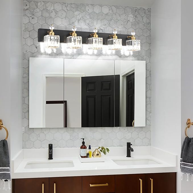 PRESDE Crystal 5 Light Bathroom Vanity Lights Modern Black and Gold Bathroom - Image 3