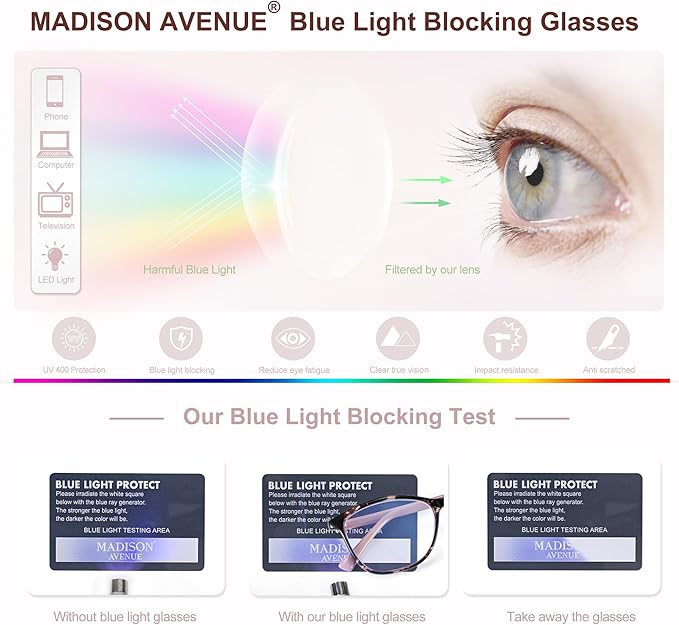 Madison Avenue Blue Light Blocking Glasses Anti Eyestrain UV Glare Blue Light - Image 4