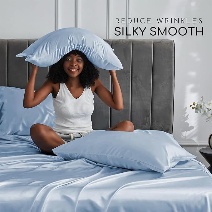 MR&HM Satin Bed Sheets with Elastic Corner Straps, King Size Sheets Set - Image 3