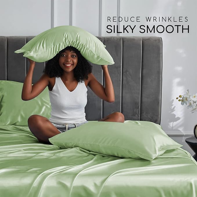 MR&HM Satin Bed Sheets with Elastic Corner Straps, Full Size Sheets Set - Image 3