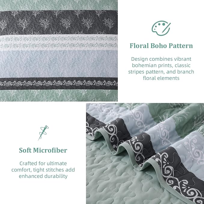 DJY Stripe Quilt Set King Size Sage Green Bedspread Coverlet Set 3 Pieces Boho - Image 6