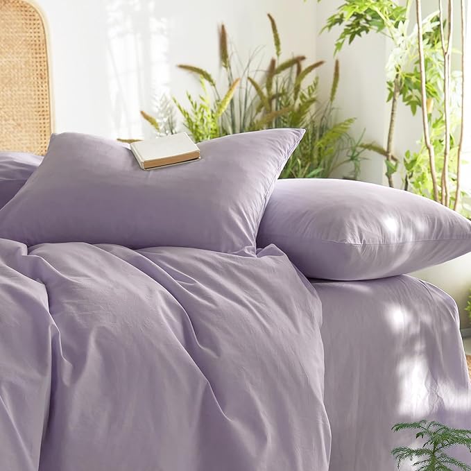 Wake In Cloud - Cotton Duvet Cover Set, Queen Size, Light Purple, 100% Washed - Image 5