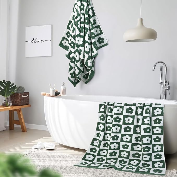 Jacquotha 2-Pieces Luxury Bath Towels Checkered Floral, Cute Bathroom Decor - Image 6