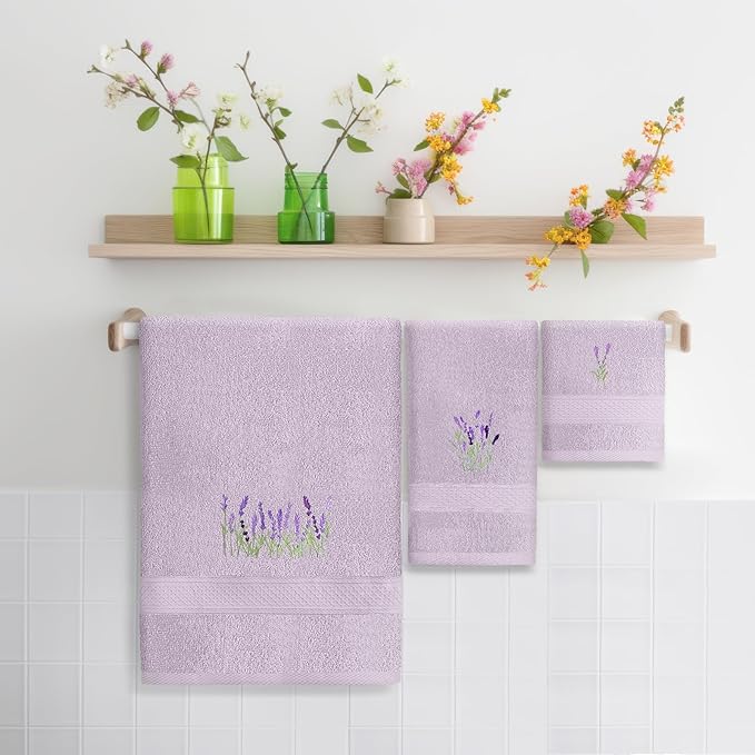 3 Pcs Lavender Floral Bathroom Towel Set Farmhouse Embroidered Lavender Floral - Image 3