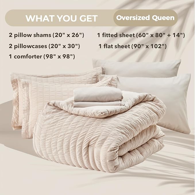 HYMOKEGE Beige Oversized Queen Comforter Set Seersucker 7 Pieces, All Season - Image 6