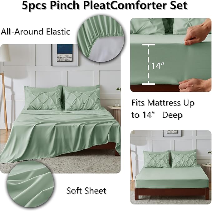 CozyLux Twin XL Comforter Set Sage Green, 5 Pieces Twin Extra Long Pintuck Bed - Image 6