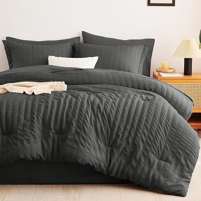 CozyLux Oversized King Comforter Set Dark Grey Seersucker 7 Pieces 120x98 Bed - Image 9