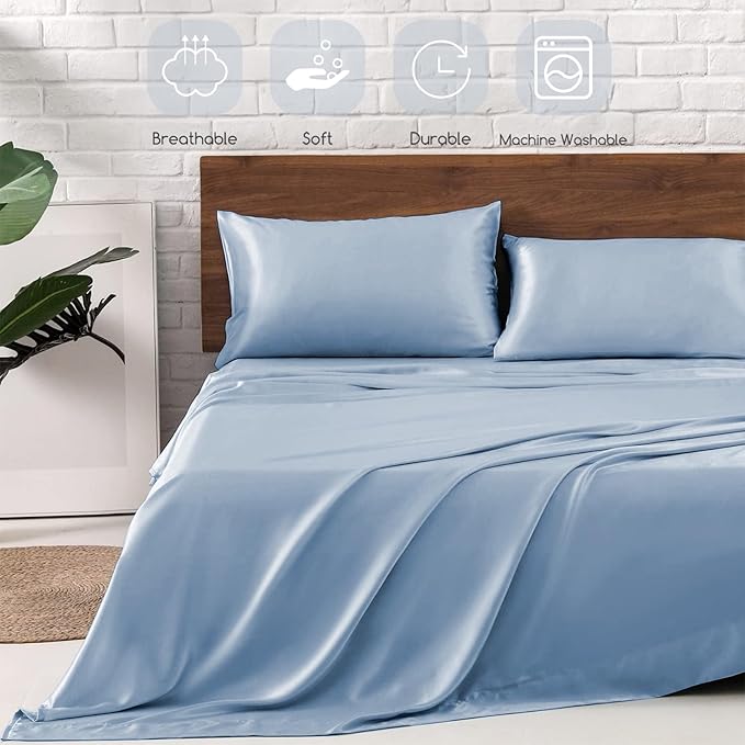 MR&HM Satin Bed Sheets with Elastic Corner Straps, King Size Sheets Set - Image 5