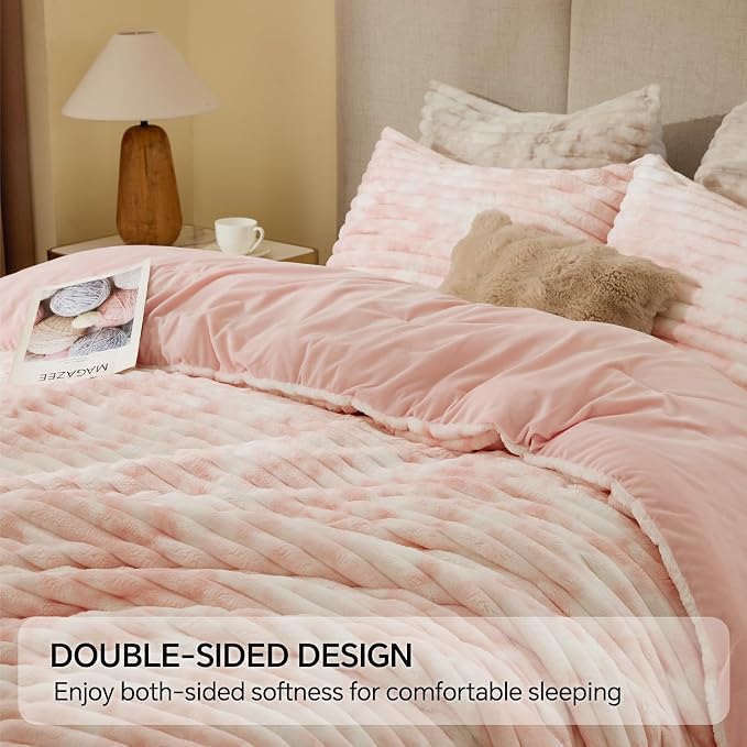BEDELITE Fleece King Comforter Set -Super Soft & Warm Fluffy Pink&White Bedding - Image 5