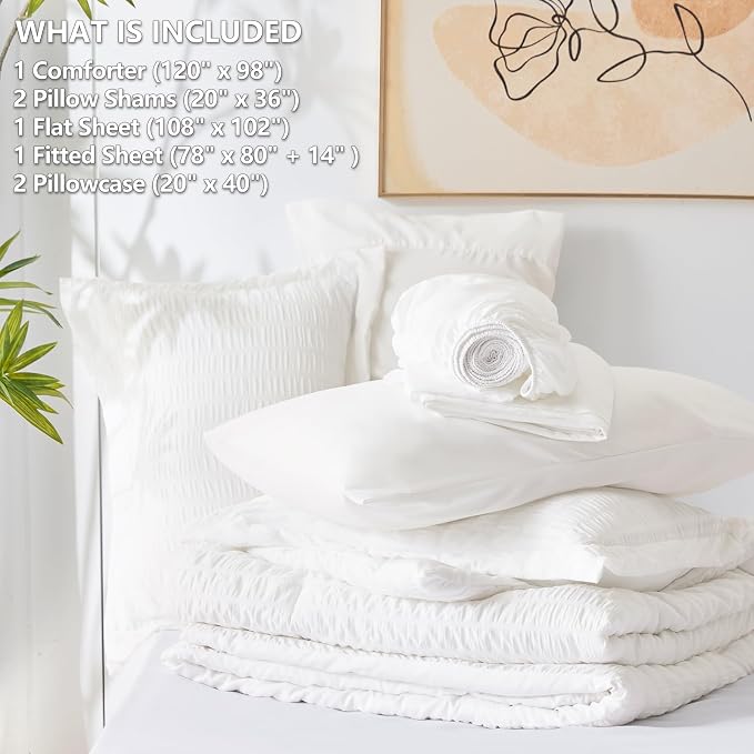 CozyLux Oversized King Comforter Set White Seersucker 7 Pieces 120x98 Bed in a - Image 6