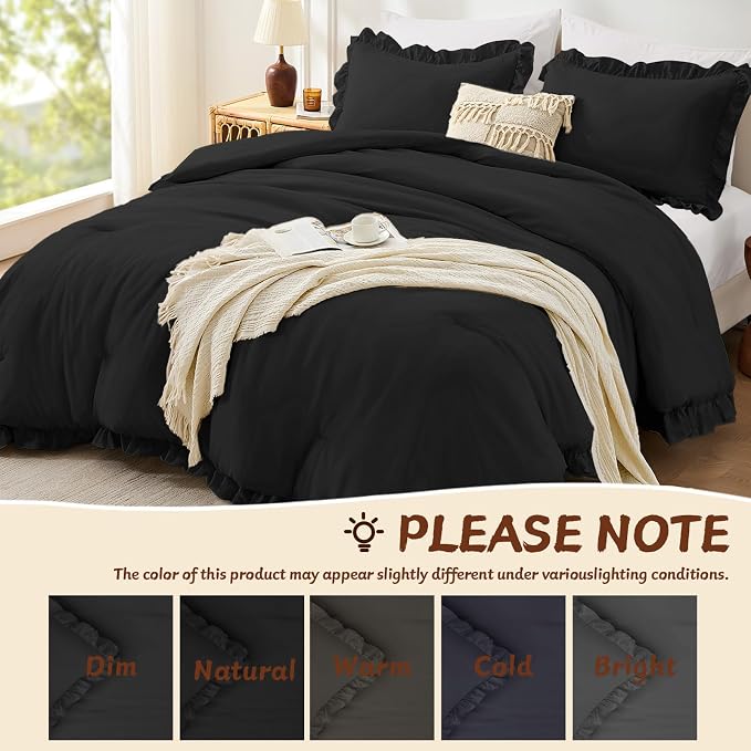 FUANNA Queen Comforter Set Black, 3 Pieces Ruffle Queen Bed Set, Fluffy Bed in - Image 6