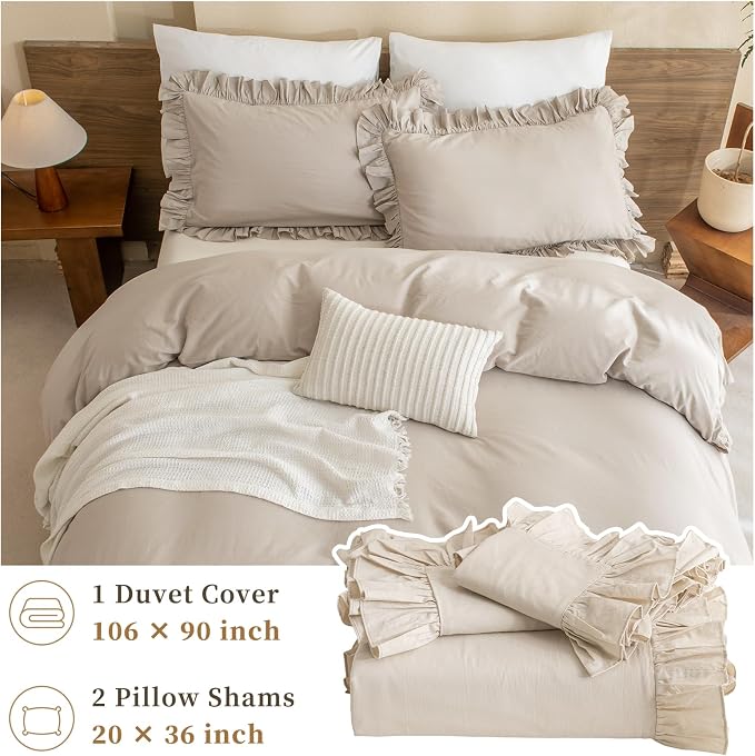 QSH Washed Cotton Duvet Cover King Ruffle Duvet Cover Linen Textured Farmhouse - Image 6