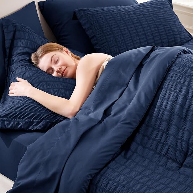 CozyLux Queen Comforter Set Navy Blue Seersucker 7 Pieces Bed in a Bag Queen - Image 5