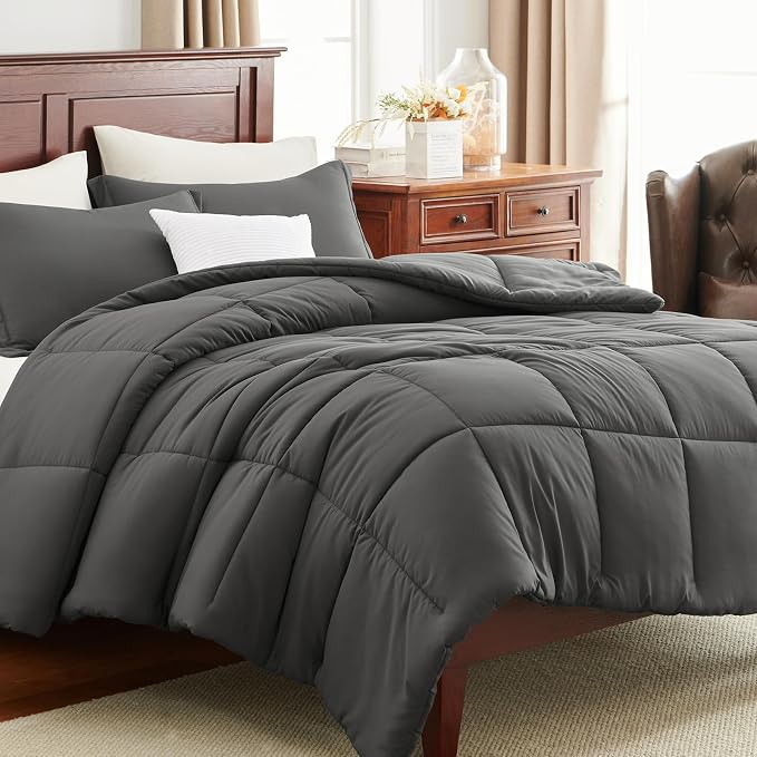 CozyLux Oversized King Comforter Set, 3 Pieces Dark Grey 120x98 Box Stitched - Image 9