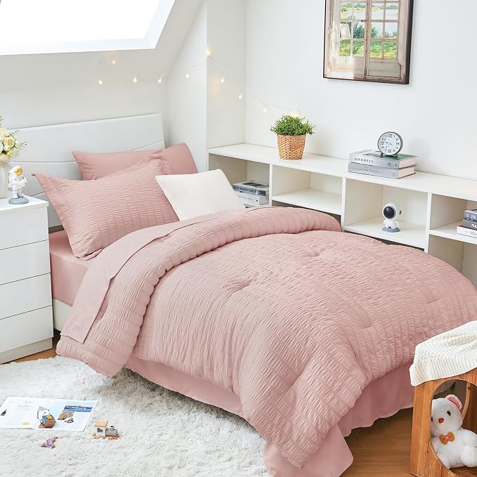 HYMOKEGE Rose Gold Twin XLComforter Set Seersucker 5 Pieces, All Season Luxury by HYMOKEGE