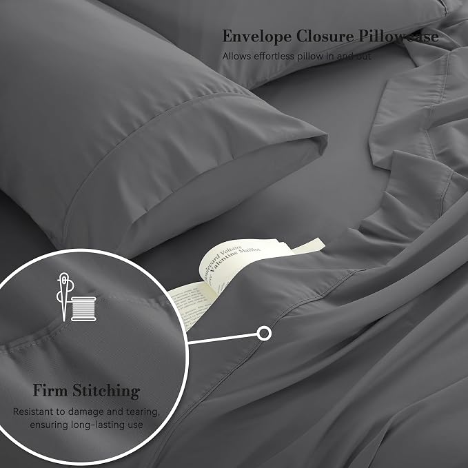 Full Sheet Set 4 Piece, Wrinkle Free, Oeko-Tex Certified Bedsheets，Dark Grey - Image 4