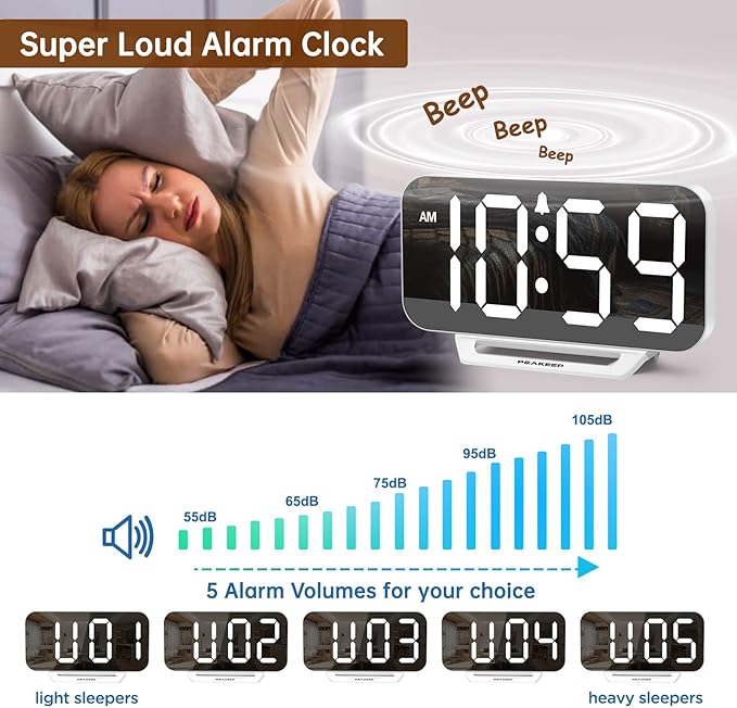 Peakeep Slim Digital Mirror Aesthetic Alarm Clock - Image 5
