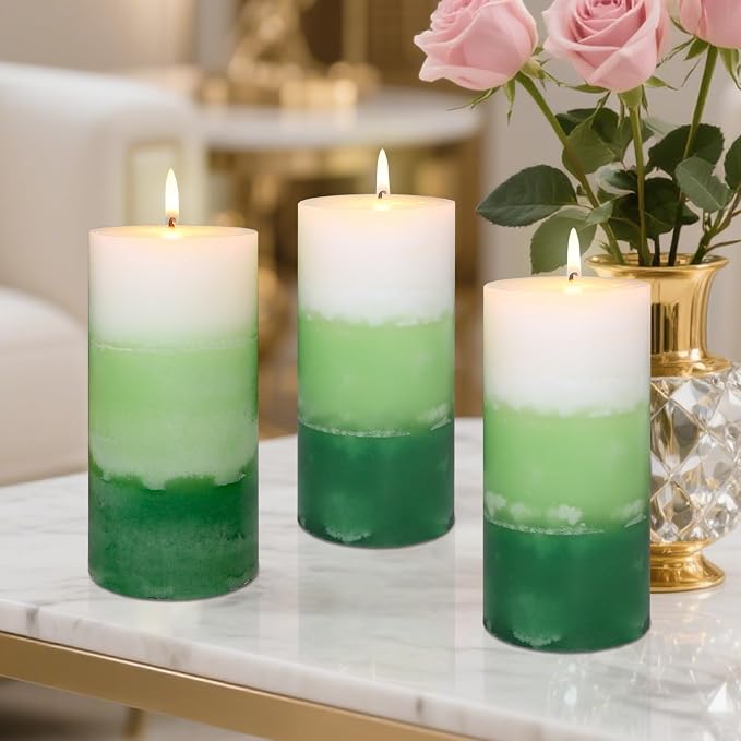 Pillar Candles 3x6 Inch Eucalyptus Scented Hand-Poured 3-Layers Green Gradient - Image 6