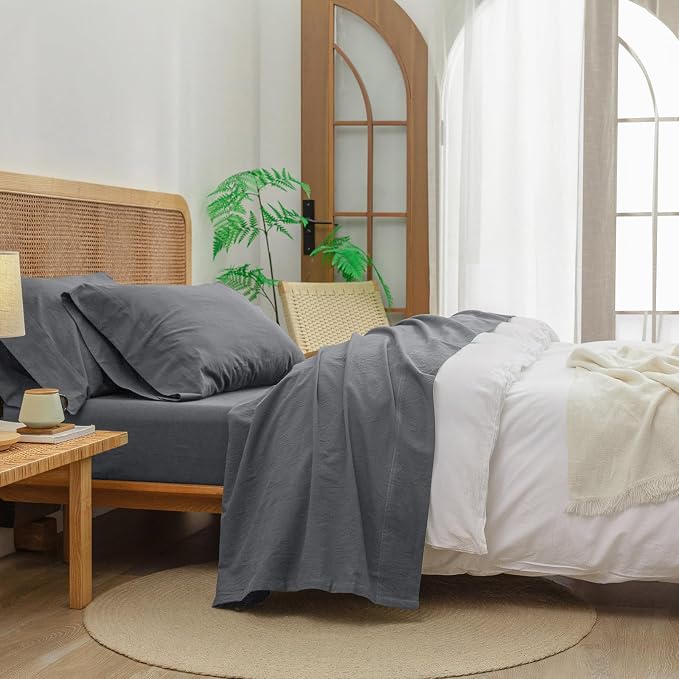 BESTOUCH Flat Sheet Only 100% Washed Cotton Linen Feel Wrinkle-Free, - Image 5