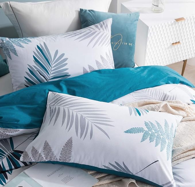 Duvet Cover Set, 600 Thread Count Cotton White Leaf Floral Pattern Print - Image 4