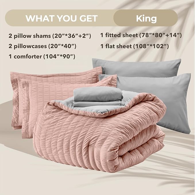 HYMOKEGE Rose Gold/Light Grey King Size Comforter Set Seersucker 7 Pieces - Image 6