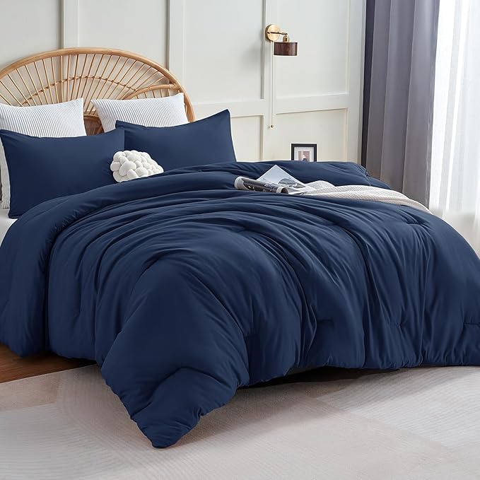 CozyLux Navy Blue Full Size Comforter Set, 3 Pieces Solid Breathable Quilted by CozyLux