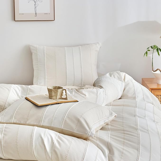 WARMDERN Khaki Striped Weave Duvet Cover Twin Size, Microfiber Textured Bedding - Image 4