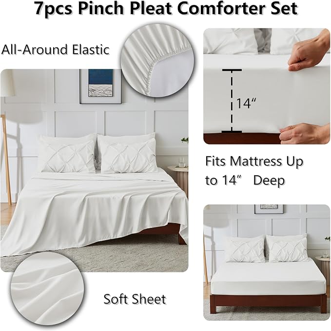 CozyLux Full Size Comforter Sets Ivory, 7 Pieces Pintuck Bed in A Bag Ivory - Image 5