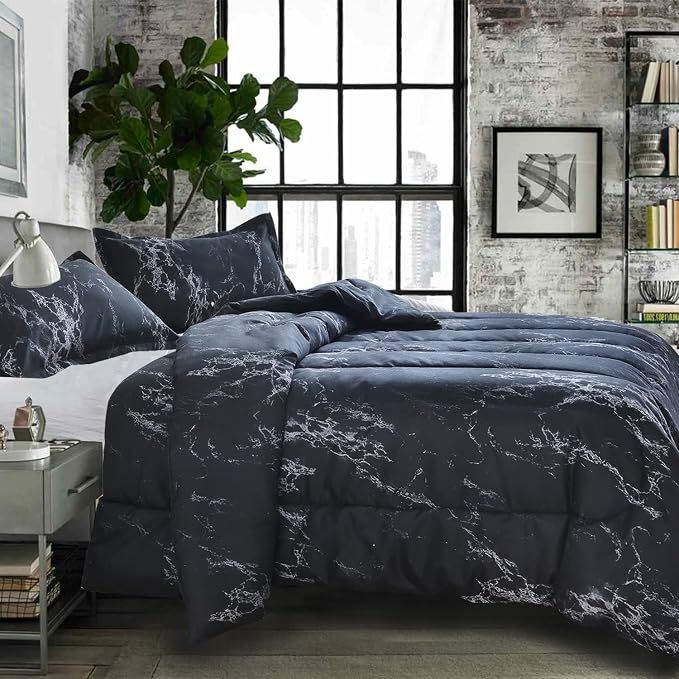 Nanko Comforter Set Queen Size, Dark Black Marble Print 88 x 90 inch Reversible - Image 2